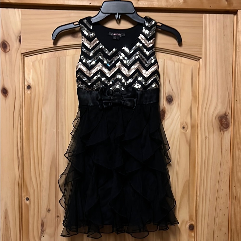My Michelle Girl’s Black Ruffled Tiered Dress w/Metallic Sequins 8